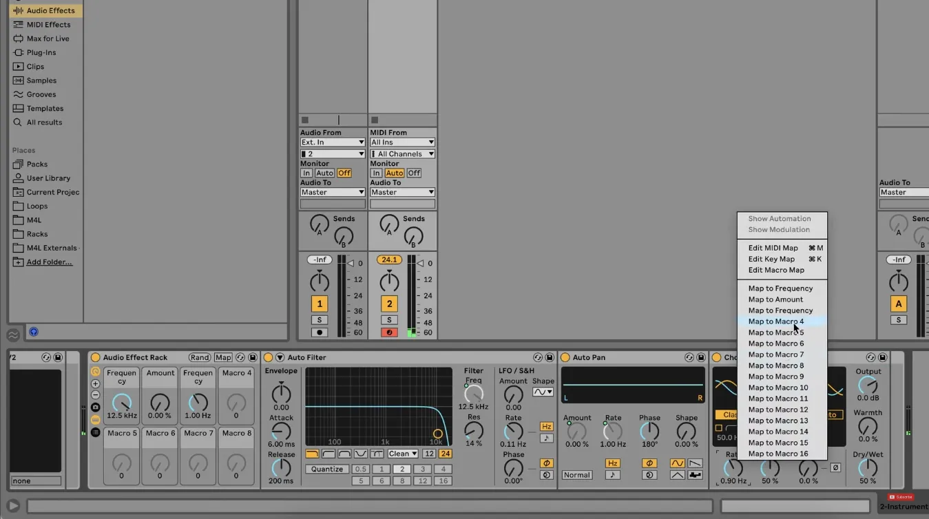 Ableton Live session with instruments and effects mapped to the controller.