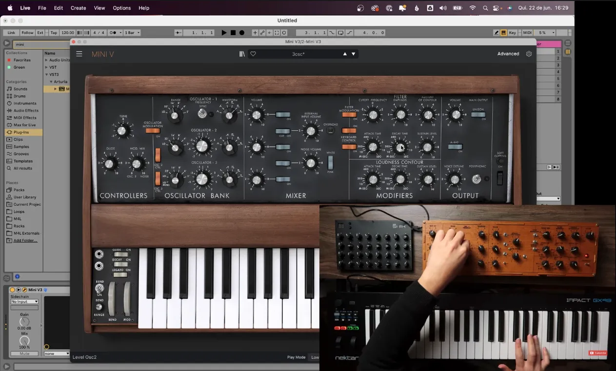 Mini Moog-style controller mapped to software instrument controls.