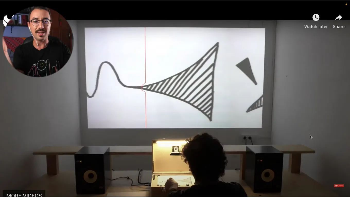 A drawing is projected as part of the Sonògraf audiovisual instrument.