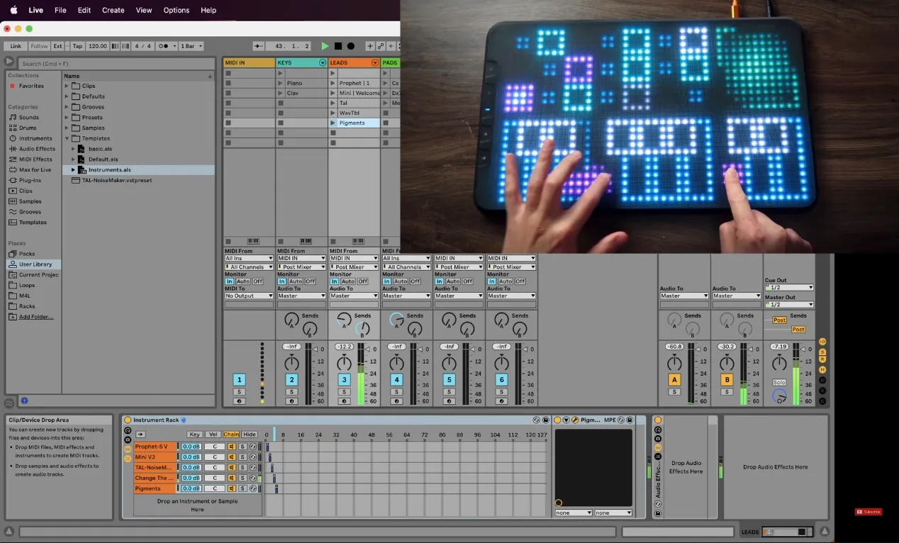 ERAE Touch connected to a computer for an expressive MIDI setup.