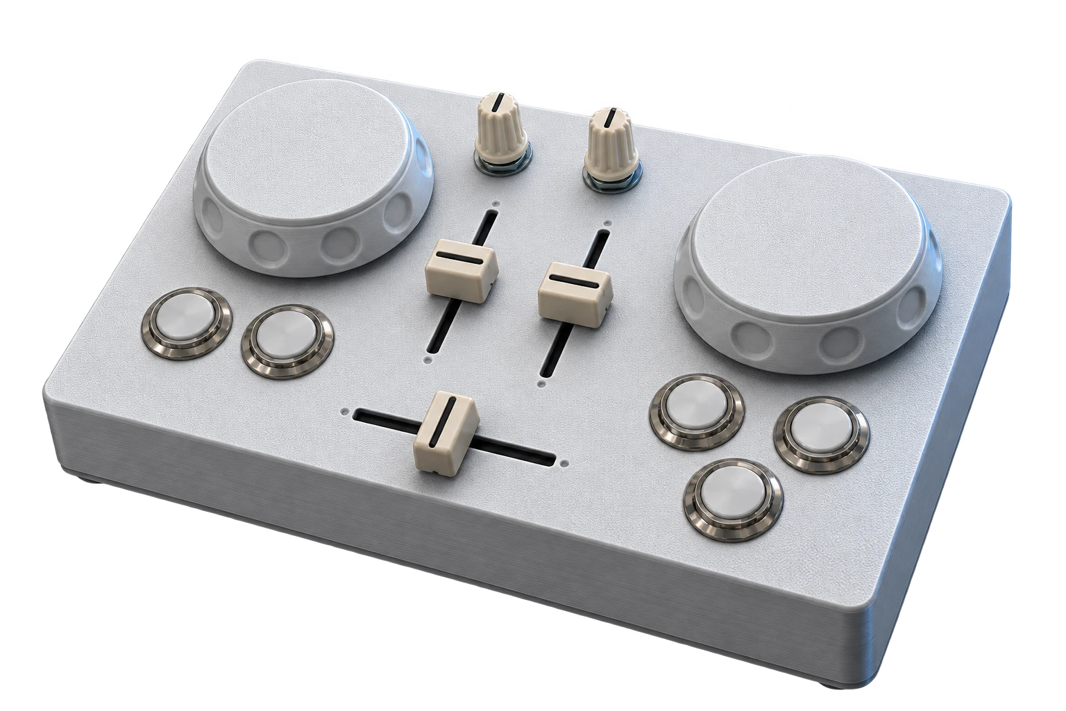 Reprodução do controlador MIDI para DJ do Música Nerd, com dois jog wheels, faders e botões.