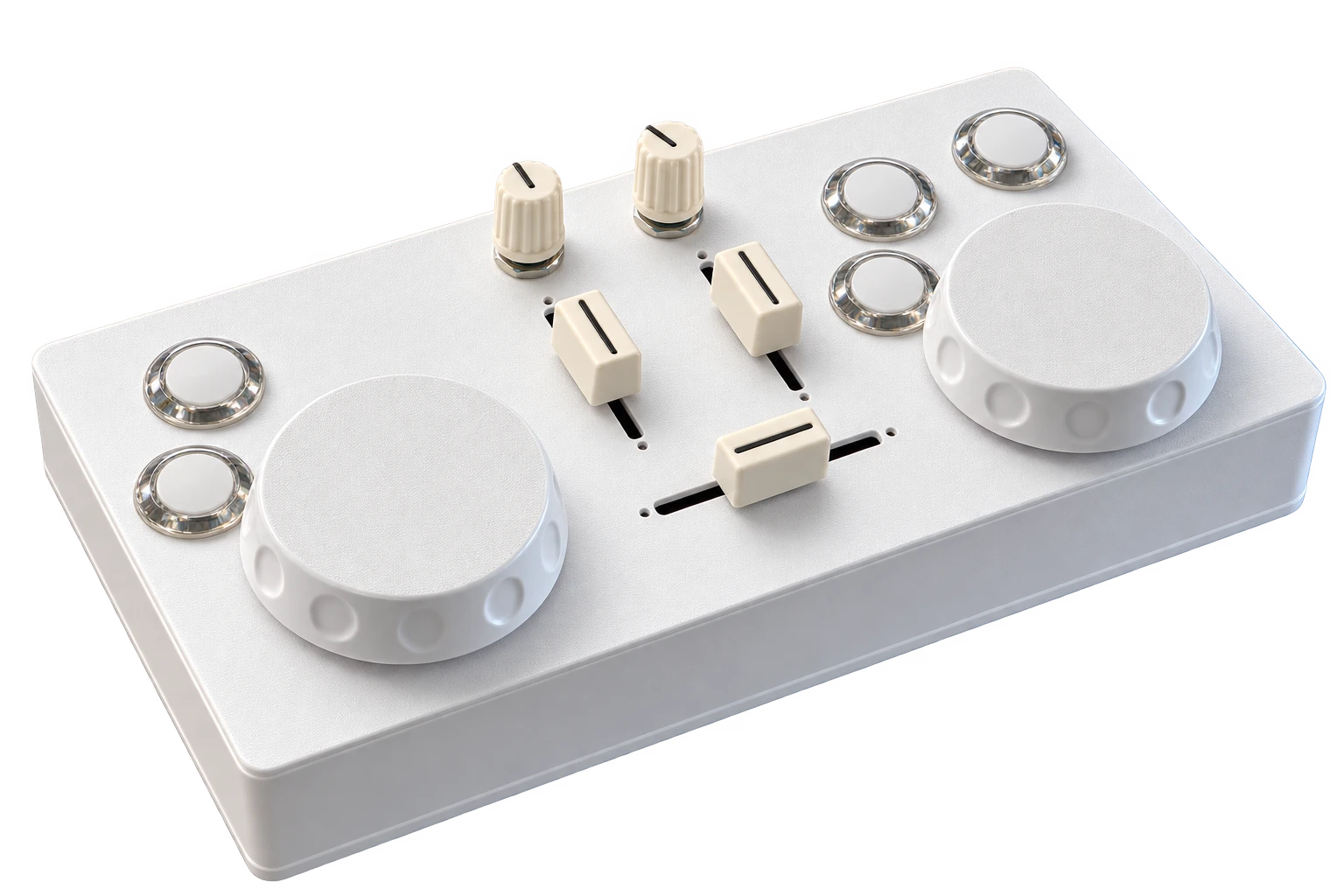 Render of the Nerd Musician DJ MIDI controller with two jog wheels, faders and buttons.